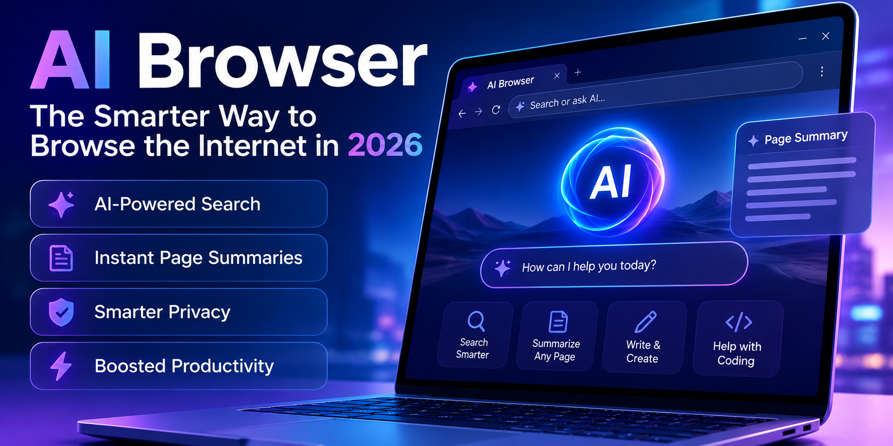 AI browser interface showing sidebar assistant summarizing a webpage in 2026