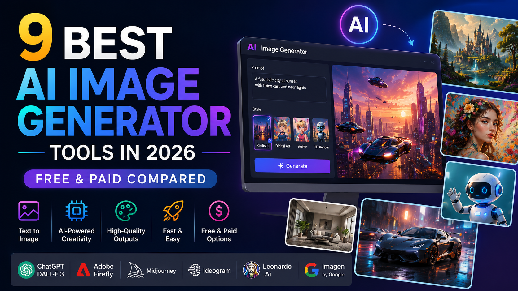 Four AI-generated images side by side showing photorealistic, illustrated, text-based, and architectural styles from leading 2026 AI image generators