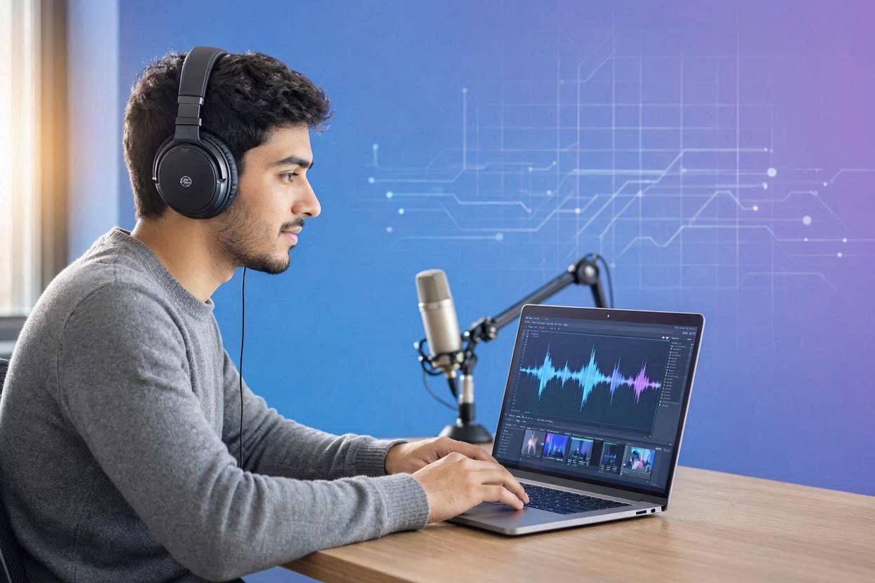 Content creator using an AI voice generator on a laptop