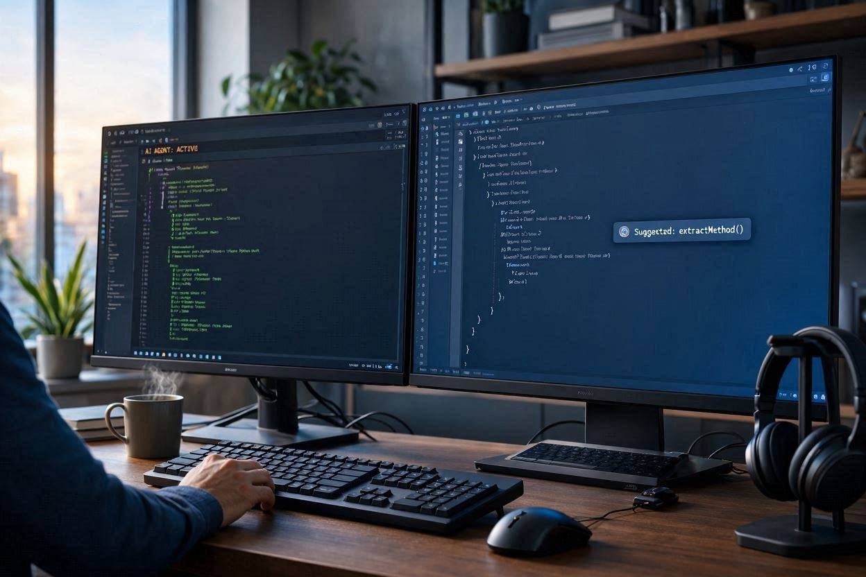 Developer using an AI coding assistant across a terminal and code editor