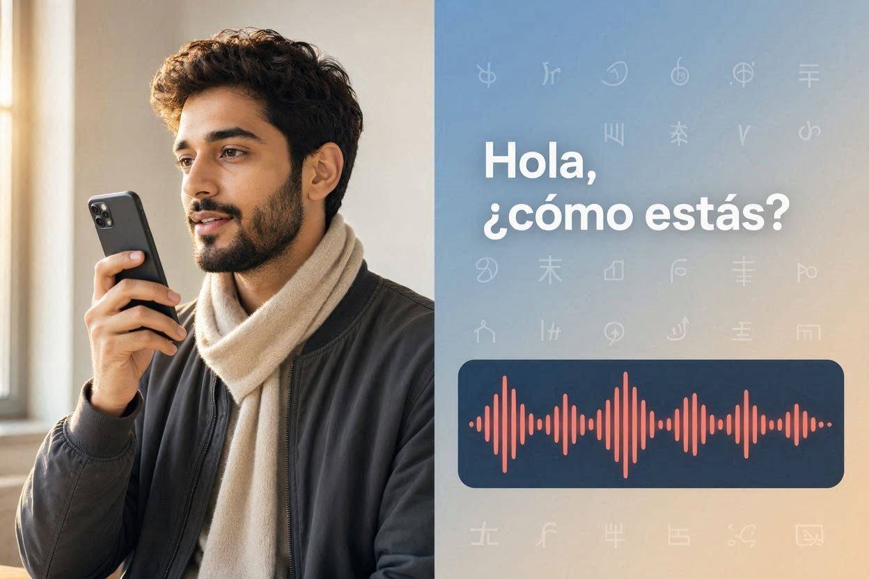Person using an AI translator app to convert speech into another language in real time