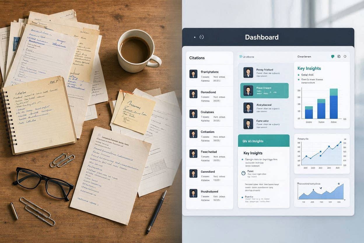 Researcher's desk transforming into an AI-organized digital research dashboard